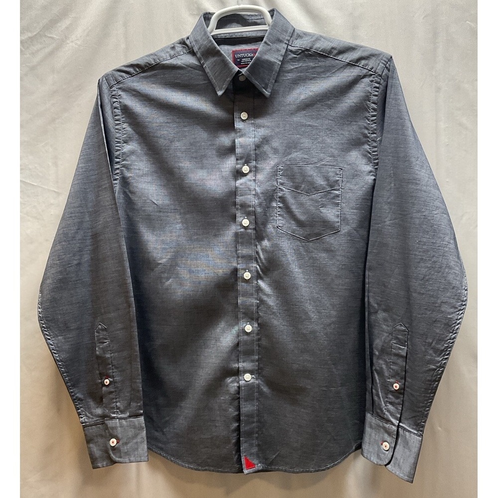 Men's UNTUCKit Long Sleeve Button Front Cotton Dress Shirt Denim Blue - Medium